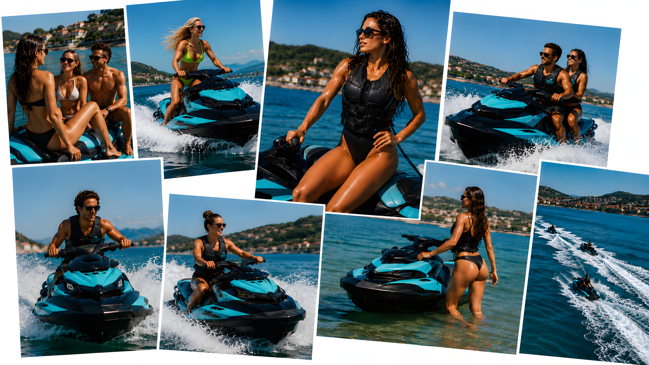 Collage de personas disfrutando de experiencias en moto de agua en Combarro, Pontevedra.