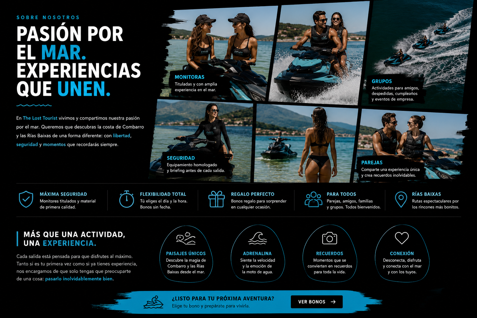 Collage de experiencias en moto de agua en Combarro con parejas, grupos y monitores titulados de The Lost Tourist.
